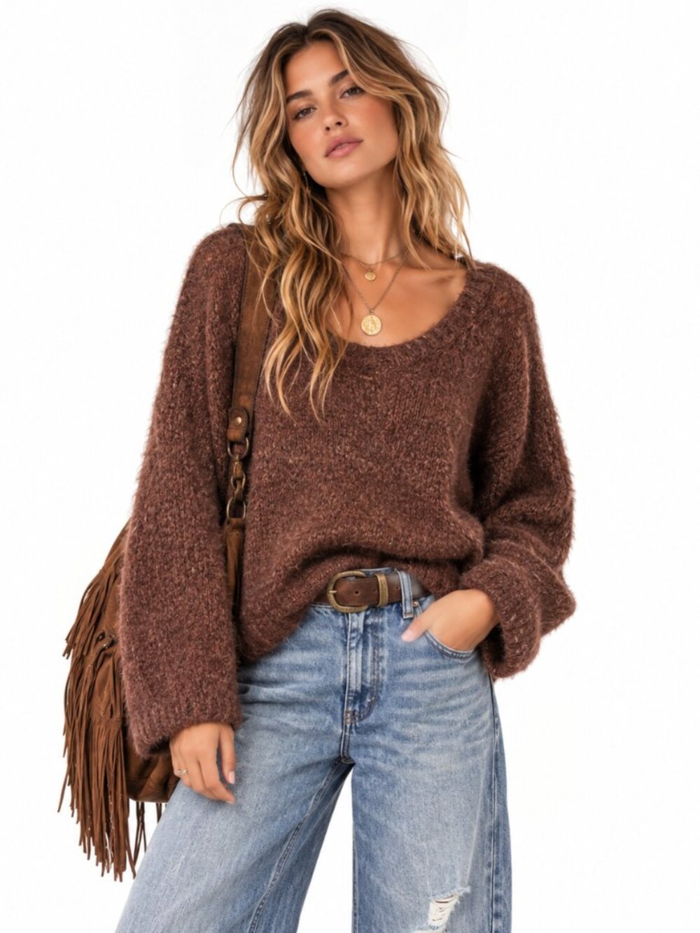 Madeline Sparklesten‎ Sweater Womens L Rust Brown Fuzzy Soft Knit Cozy Boho